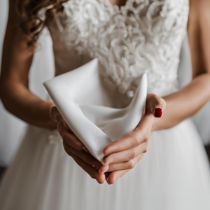 Braut haelt bei Hochzeit weisses Stofftaschentuch